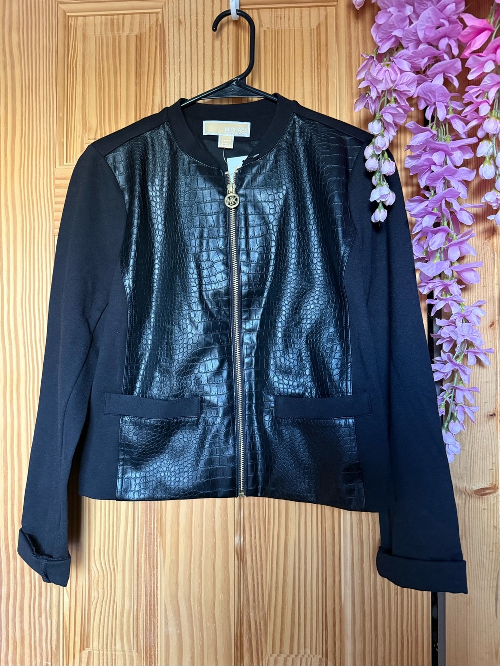 Michael Kors Black Croc-Embossed Faux Leather Front Jacket